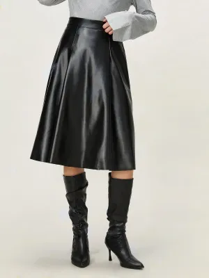 Black Pu Flared Midi Skirt