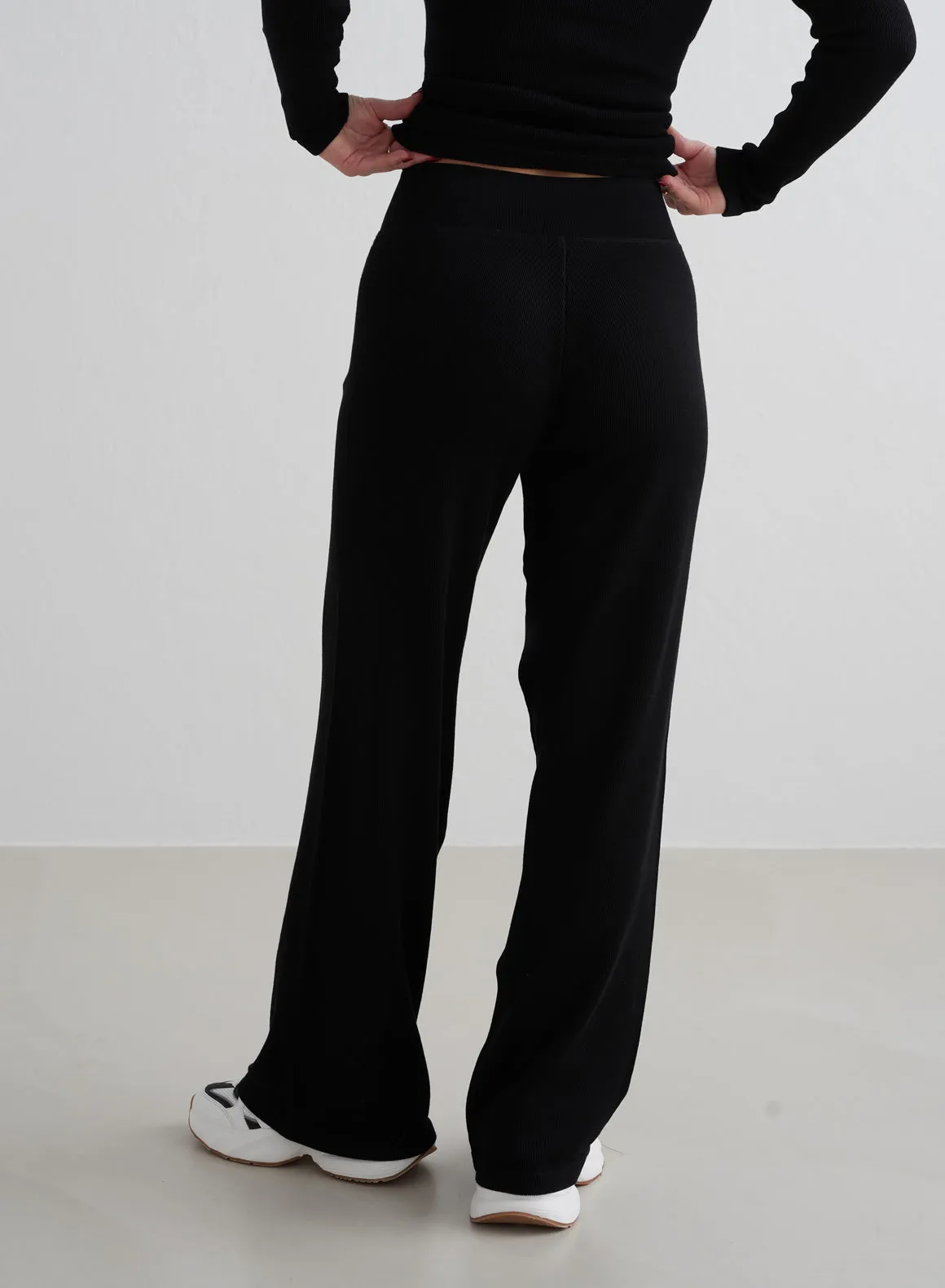 Black Ribbed Wool Wide Pants