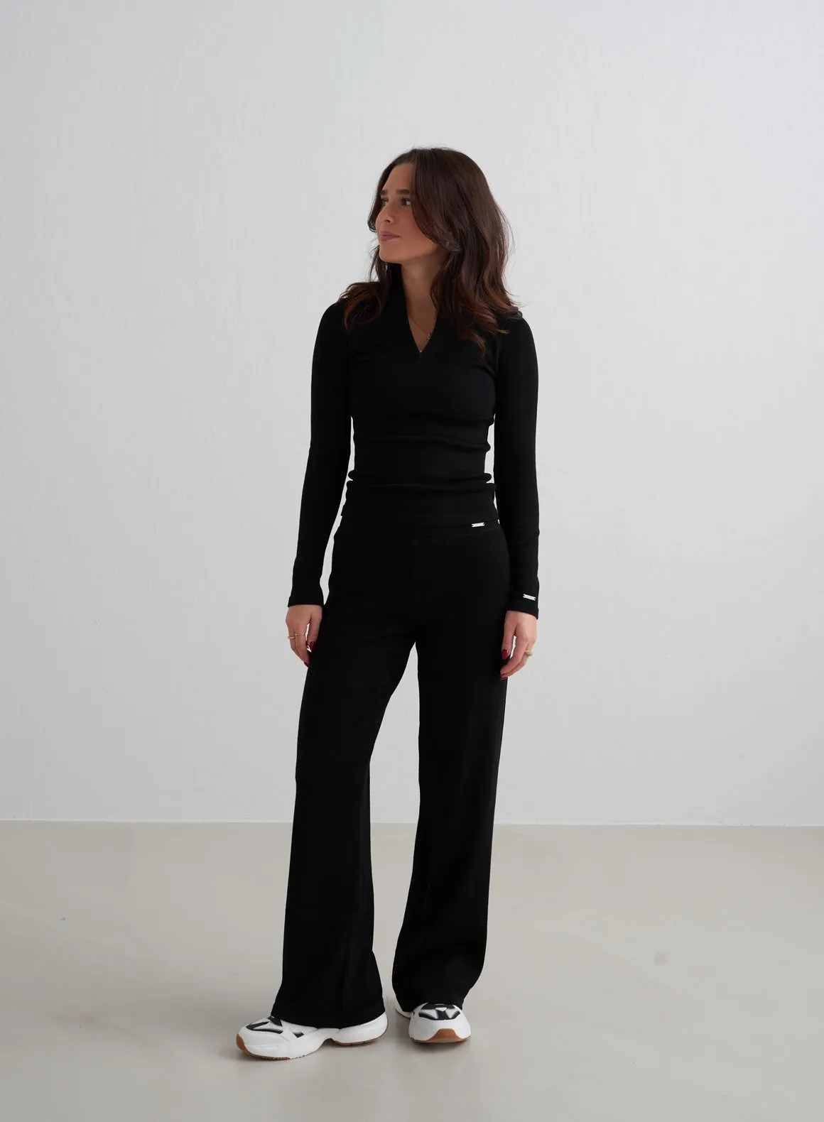 Black Ribbed Wool Wide Pants