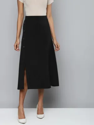 Black Scuba Front Slit Flared Midi Skirt