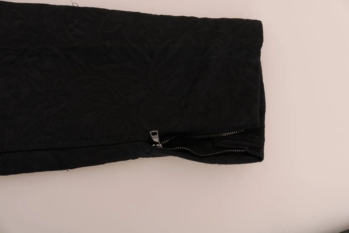 Black Wool Brocade Floral Pattern Pants