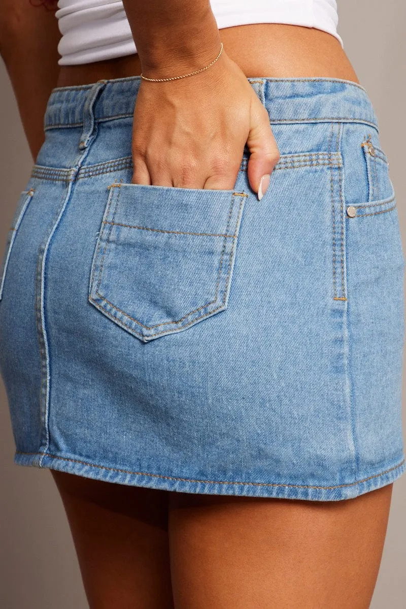 Blue Mini Skirt Mid Rise