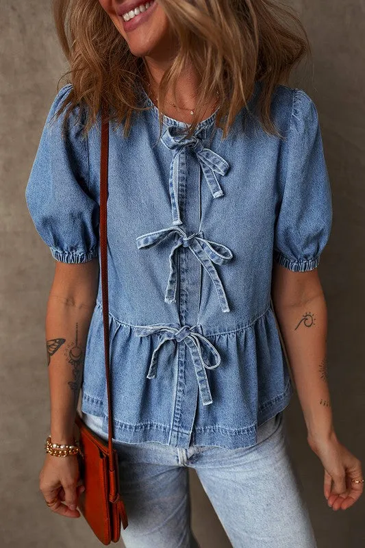 Blue Tied Front Bubble Sleeve Peplum Denim Shirt