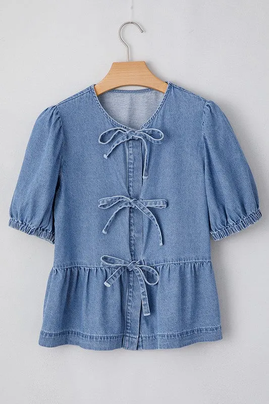 Blue Tied Front Bubble Sleeve Peplum Denim Shirt