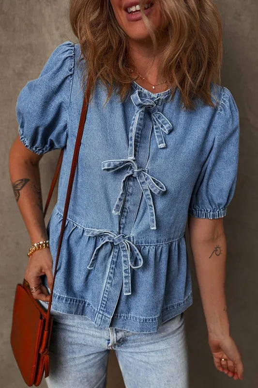 Blue Tied Front Bubble Sleeve Peplum Denim Shirt