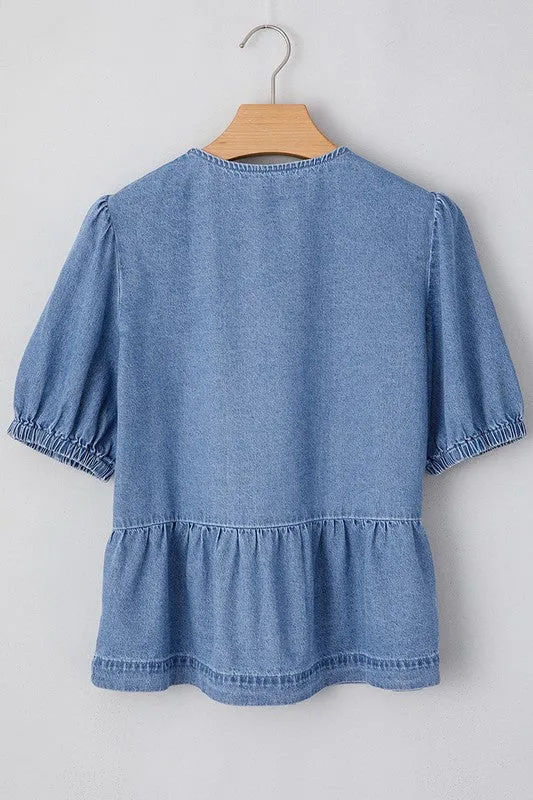 Blue Tied Front Bubble Sleeve Peplum Denim Shirt