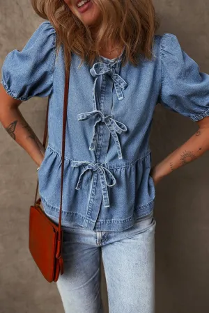 Blue Tied Front Bubble Sleeve Peplum Denim Shirt