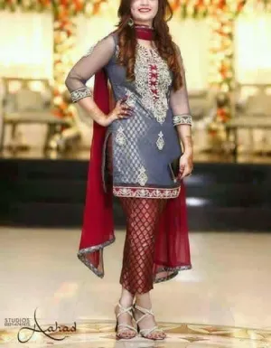 Bluish gray and red wedding party dress cloth net and jamawar model#P 27