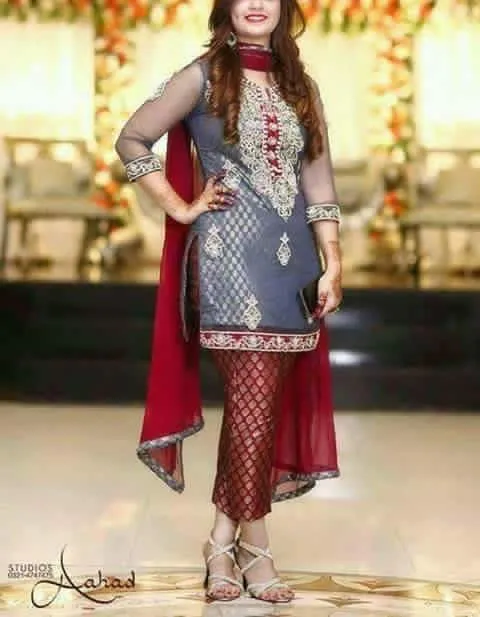 Bluish gray and red wedding party dress cloth net and jamawar model#P 27