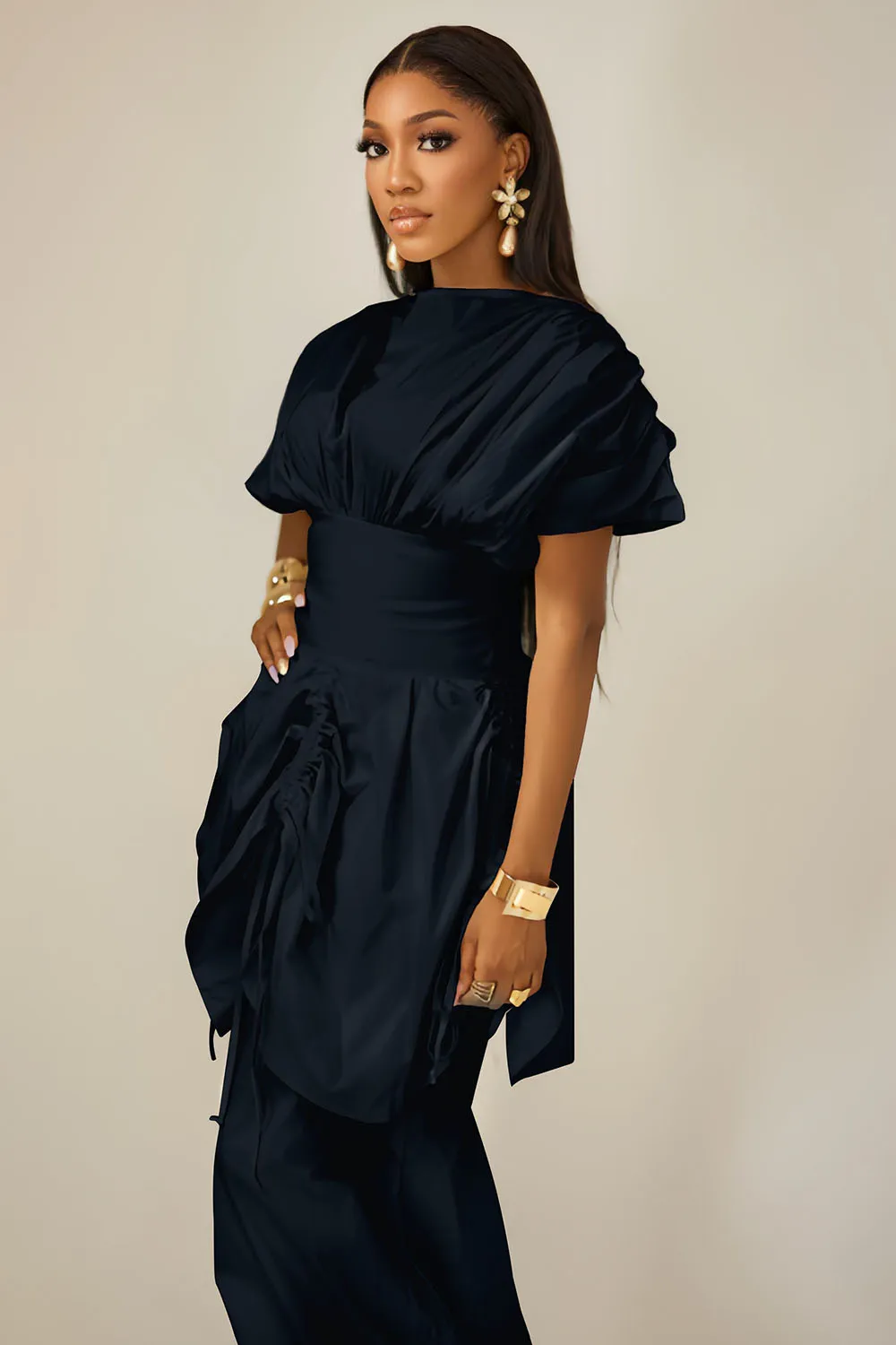 Boat Neck Ruched Cinch Waist Two-Piece Like Maxi Dresses-White [Pre Order]