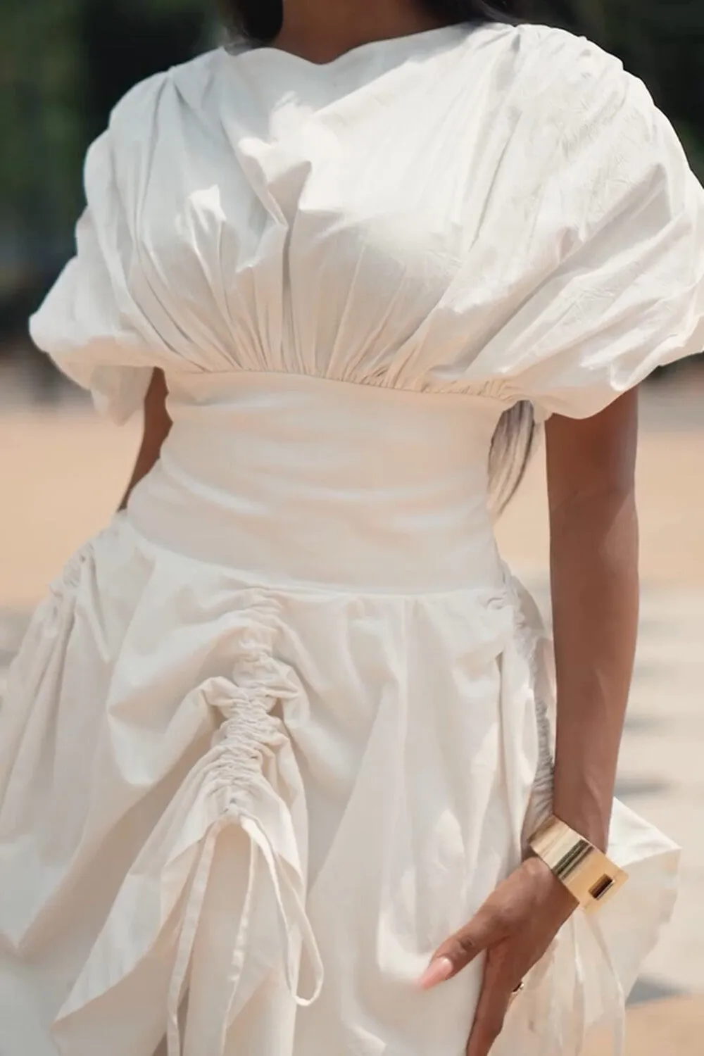 Boat Neck Ruched Cinch Waist Two-Piece Like Maxi Dresses-White [Pre Order]