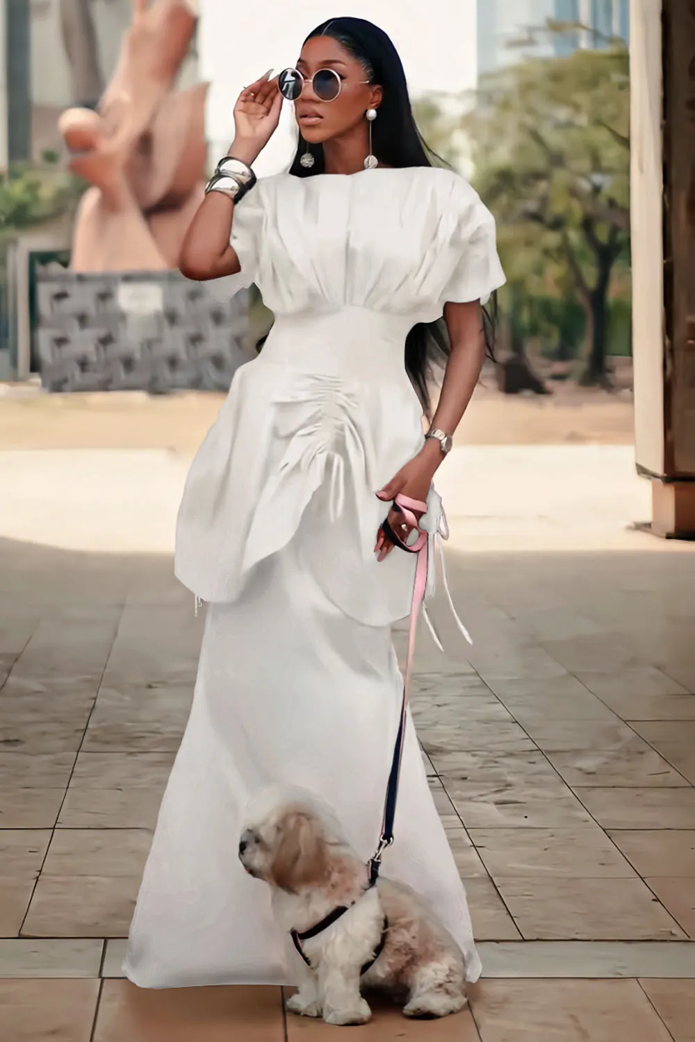 Boat Neck Ruched Cinch Waist Two-Piece Like Maxi Dresses-White [Pre Order]