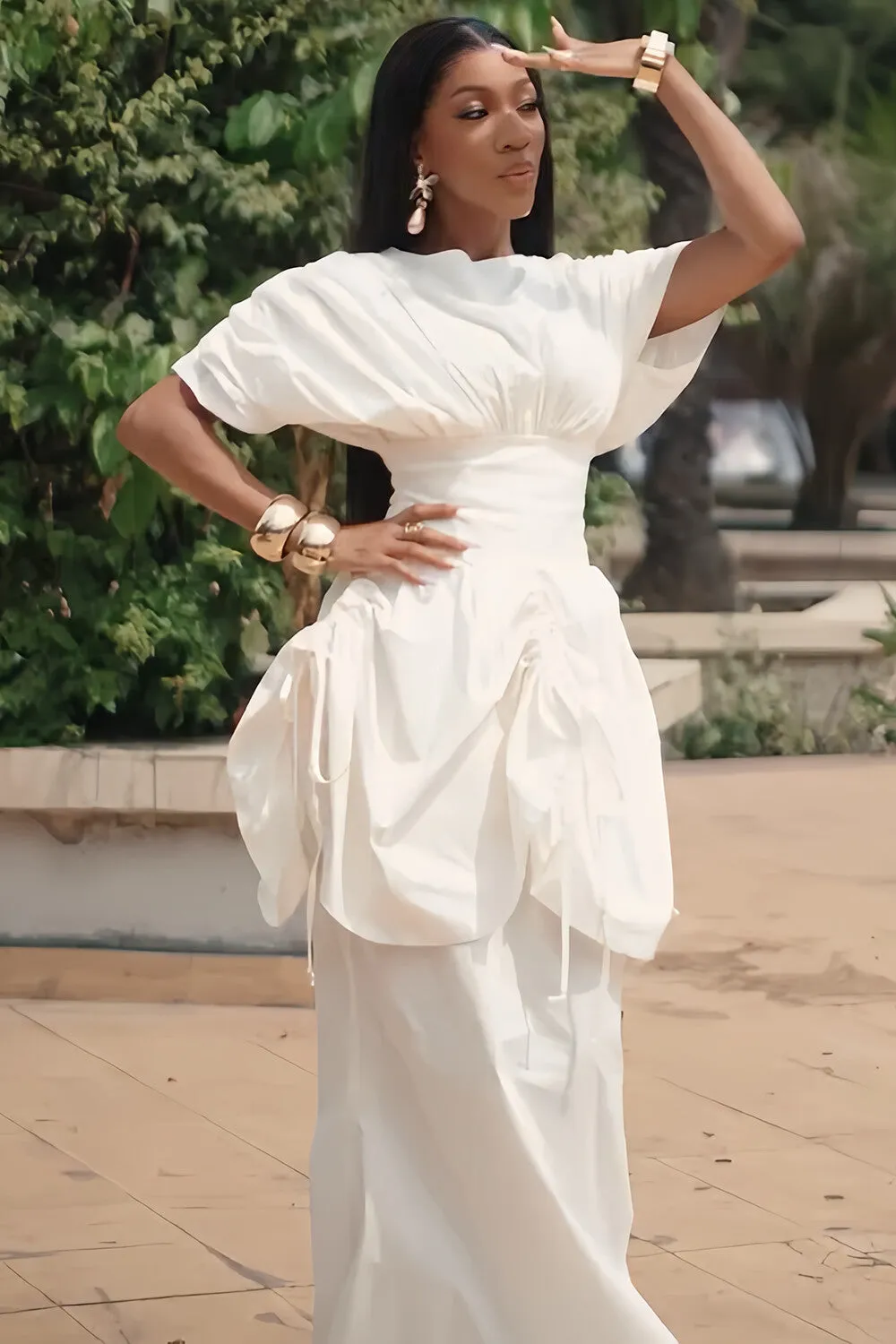 Boat Neck Ruched Cinch Waist Two-Piece Like Maxi Dresses-White [Pre Order]
