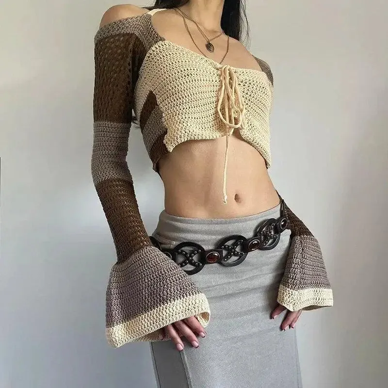 Bohemian Crochet Sweater with Flared Sleeves and Halter Neck Tie