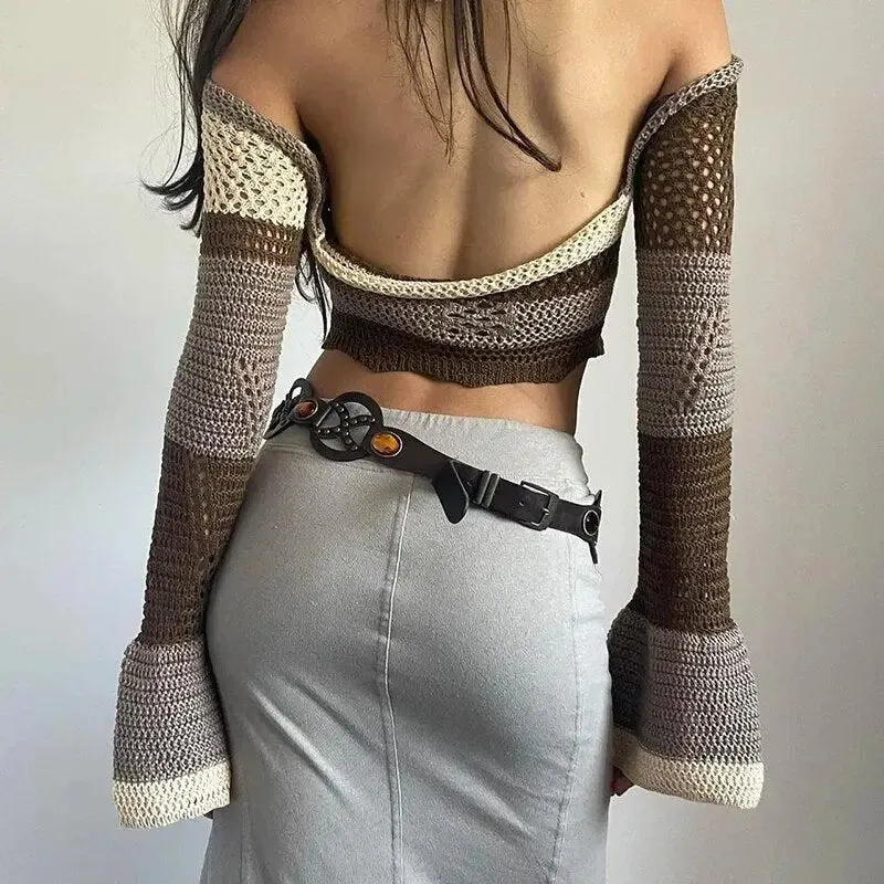 Bohemian Crochet Sweater with Flared Sleeves and Halter Neck Tie