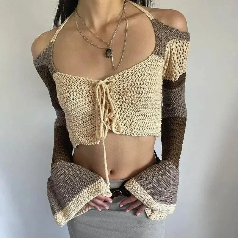 Bohemian Crochet Sweater with Flared Sleeves and Halter Neck Tie