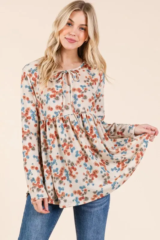 BOMBOM Floral Print Tie Neck Long Sleeve Blouse