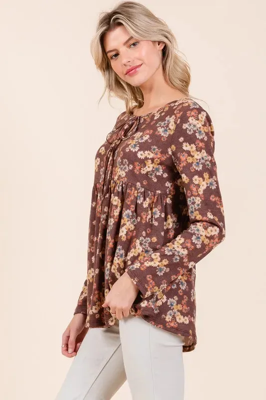 BOMBOM Floral Print Tie Neck Long Sleeve Blouse