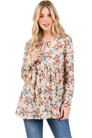 BOMBOM Floral Print Tie Neck Long Sleeve Blouse