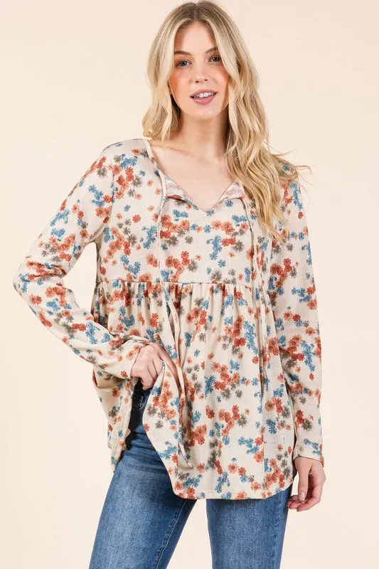 BOMBOM Floral Print Tie Neck Long Sleeve Blouse