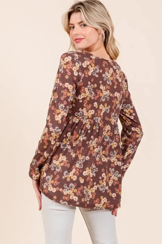 BOMBOM Floral Print Tie Neck Long Sleeve Blouse