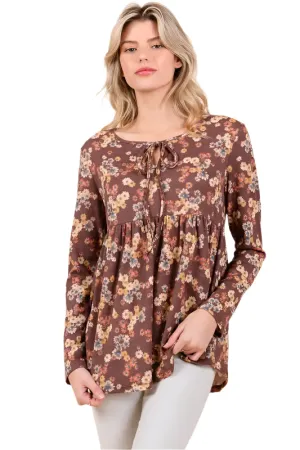 BOMBOM Floral Print Tie Neck Long Sleeve Blouse