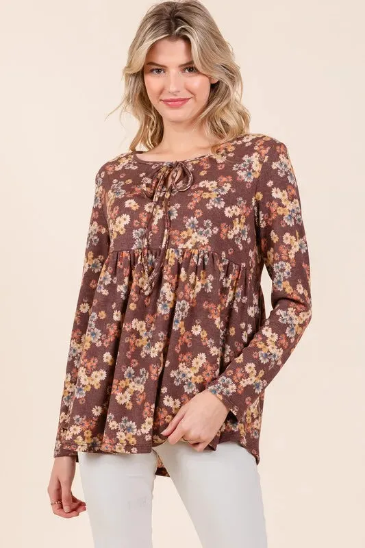 BOMBOM Floral Print Tie Neck Long Sleeve Blouse