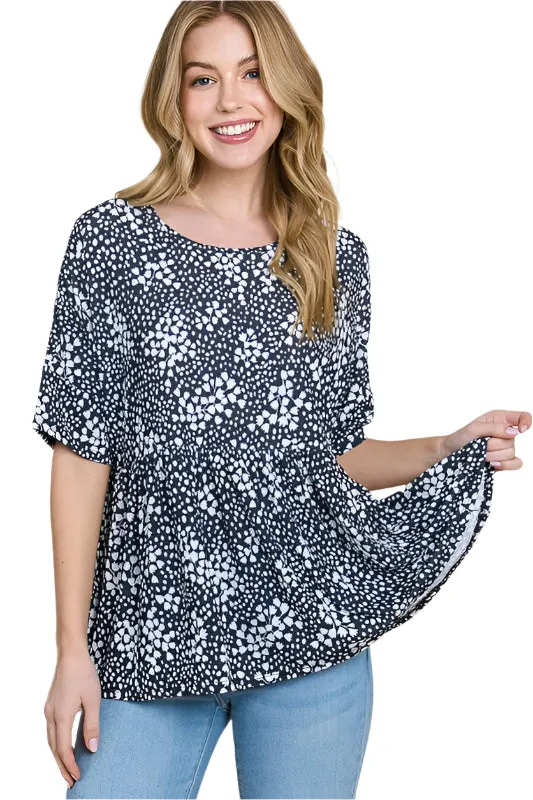 BOMBOM Floral Round Neck Peplum Blouse