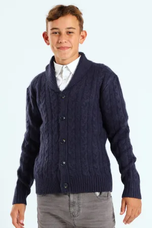 Boys Cable Knit Shawl Collar Button Up - Navy