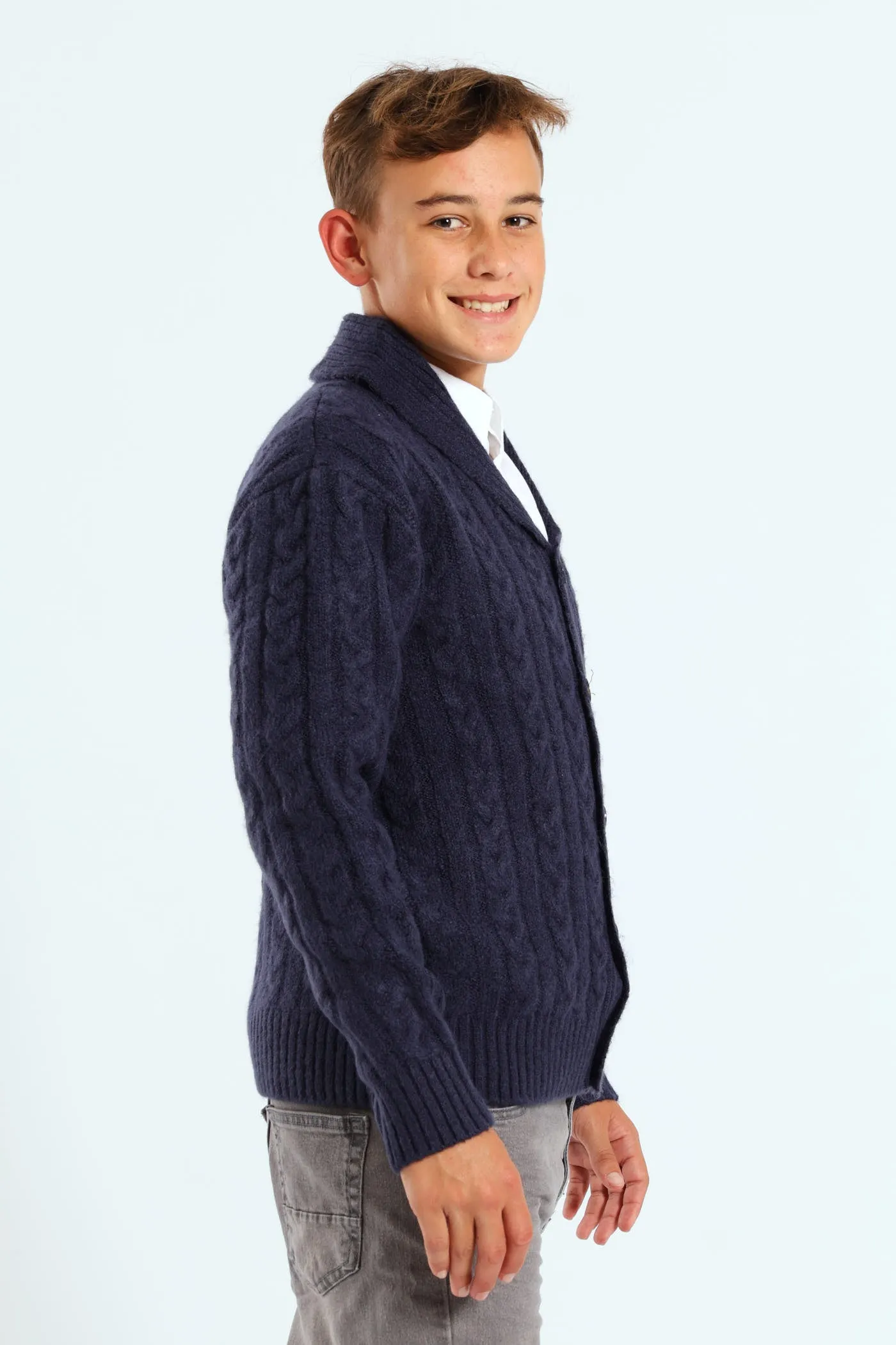 Boys Cable Knit Shawl Collar Button Up - Navy