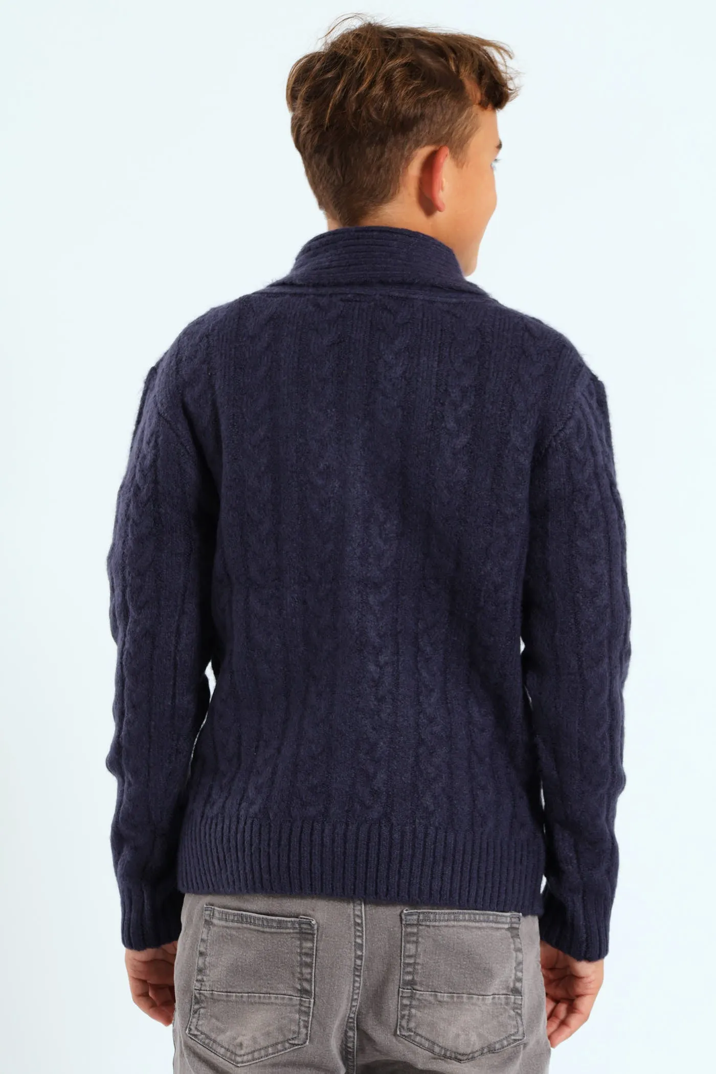 Boys Cable Knit Shawl Collar Button Up - Navy