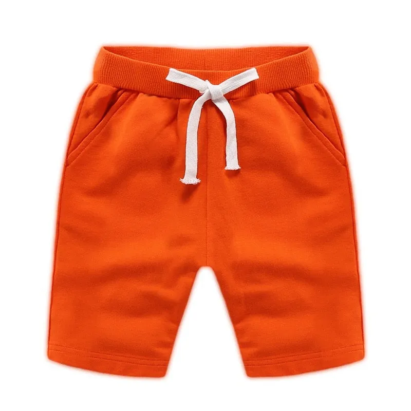 Boys' Summer Solid Colour Elastic Waist Cotton Shorts - Orange, Red, Yellow