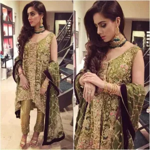 Bridal dress in parrot green color for nikah bride  with heavy dabka nagh   and crystals work Model #B 1117