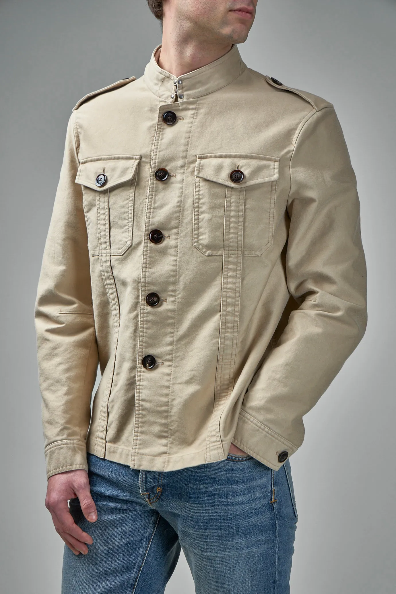 Brushed Cotton Satin Stand Collar Outershirt