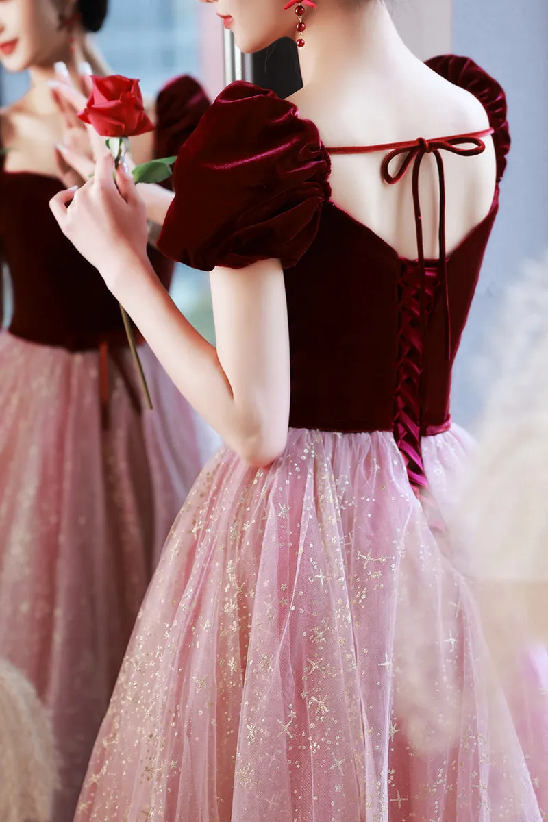 Burgundy Velvet Cap Sleeves Tulle Long Princess Dress
