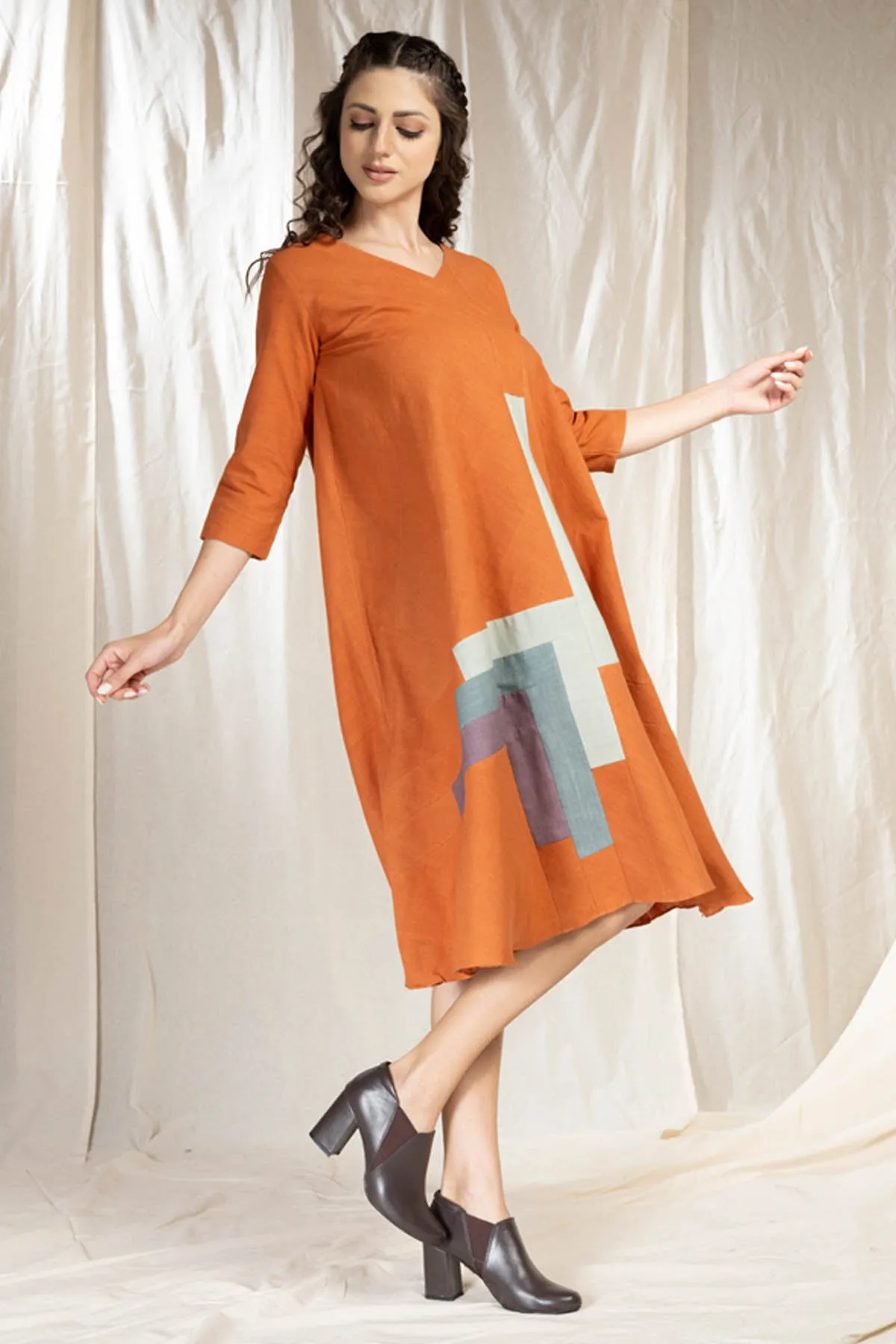 Burnt Orange Applique Work Dress