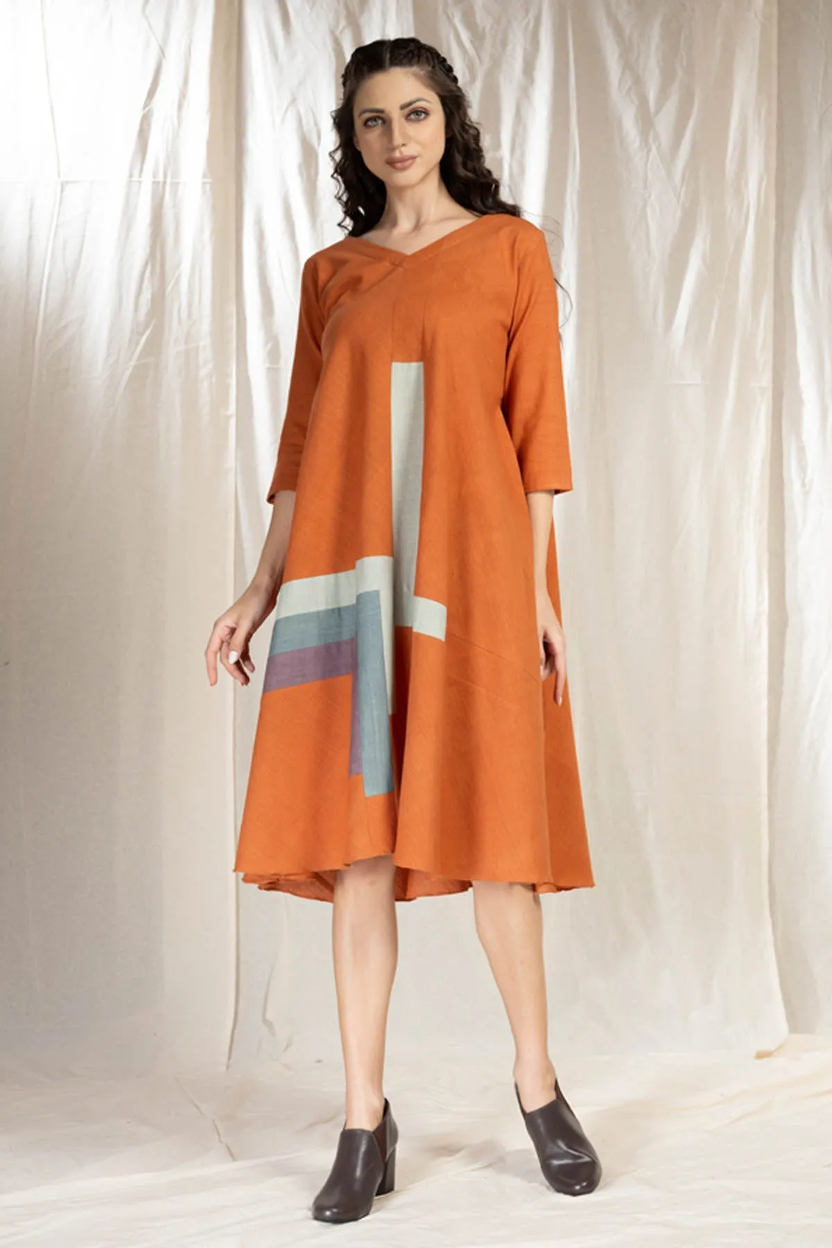 Burnt Orange Applique Work Dress