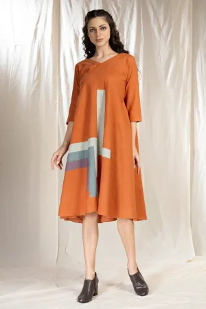 Burnt Orange Applique Work Dress