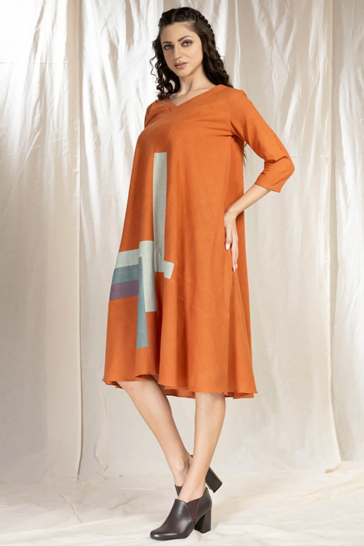 Burnt Orange Applique Work Dress