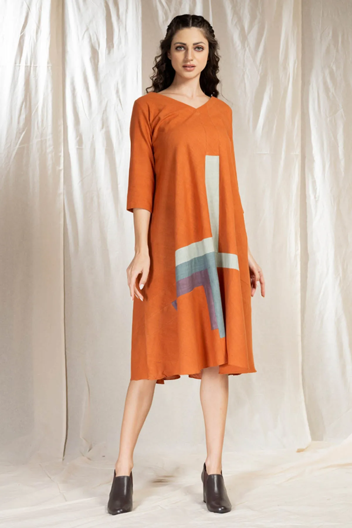 Burnt Orange Applique Work Dress