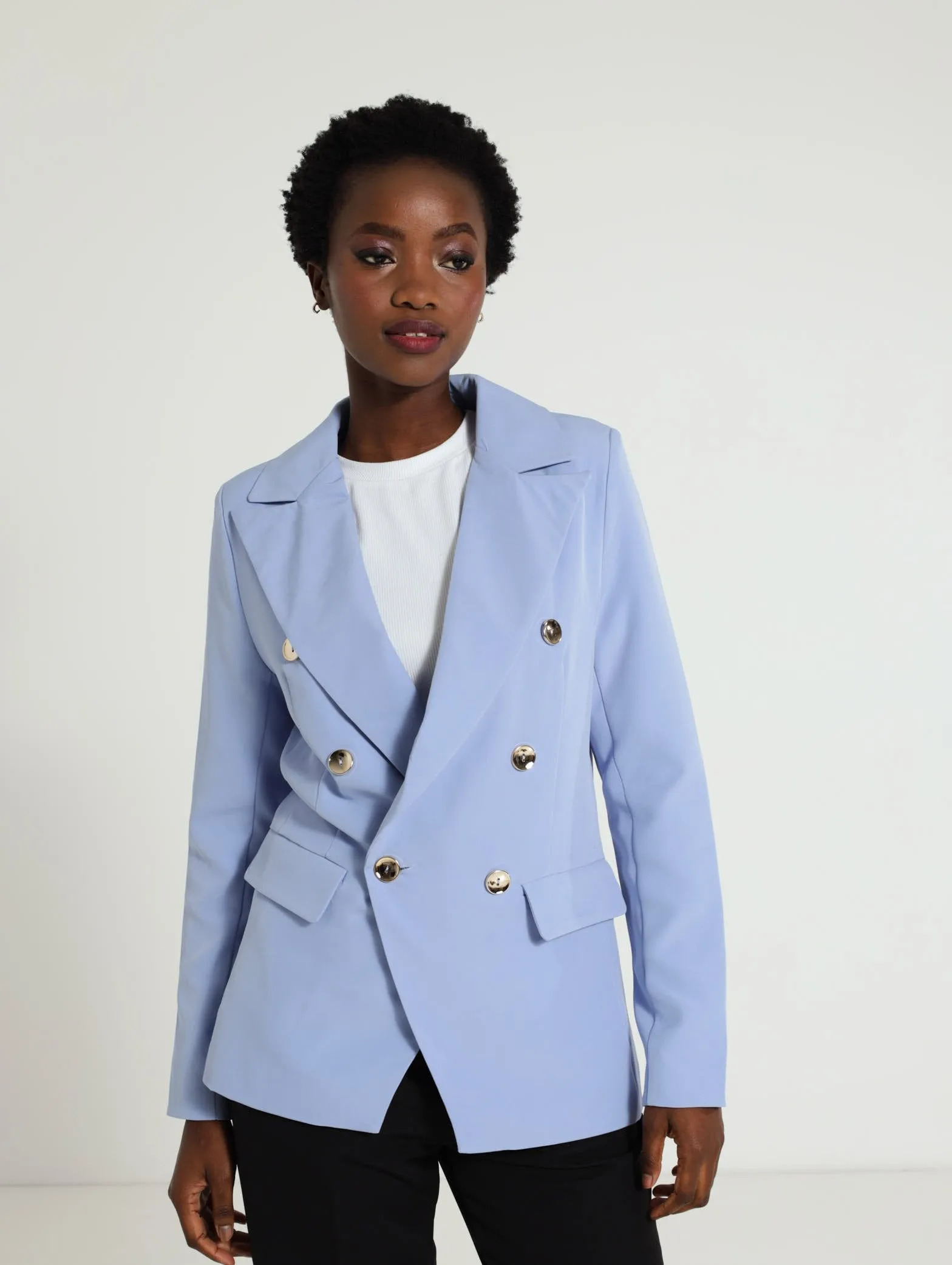 Button Sleeve Blazer - Light Blue