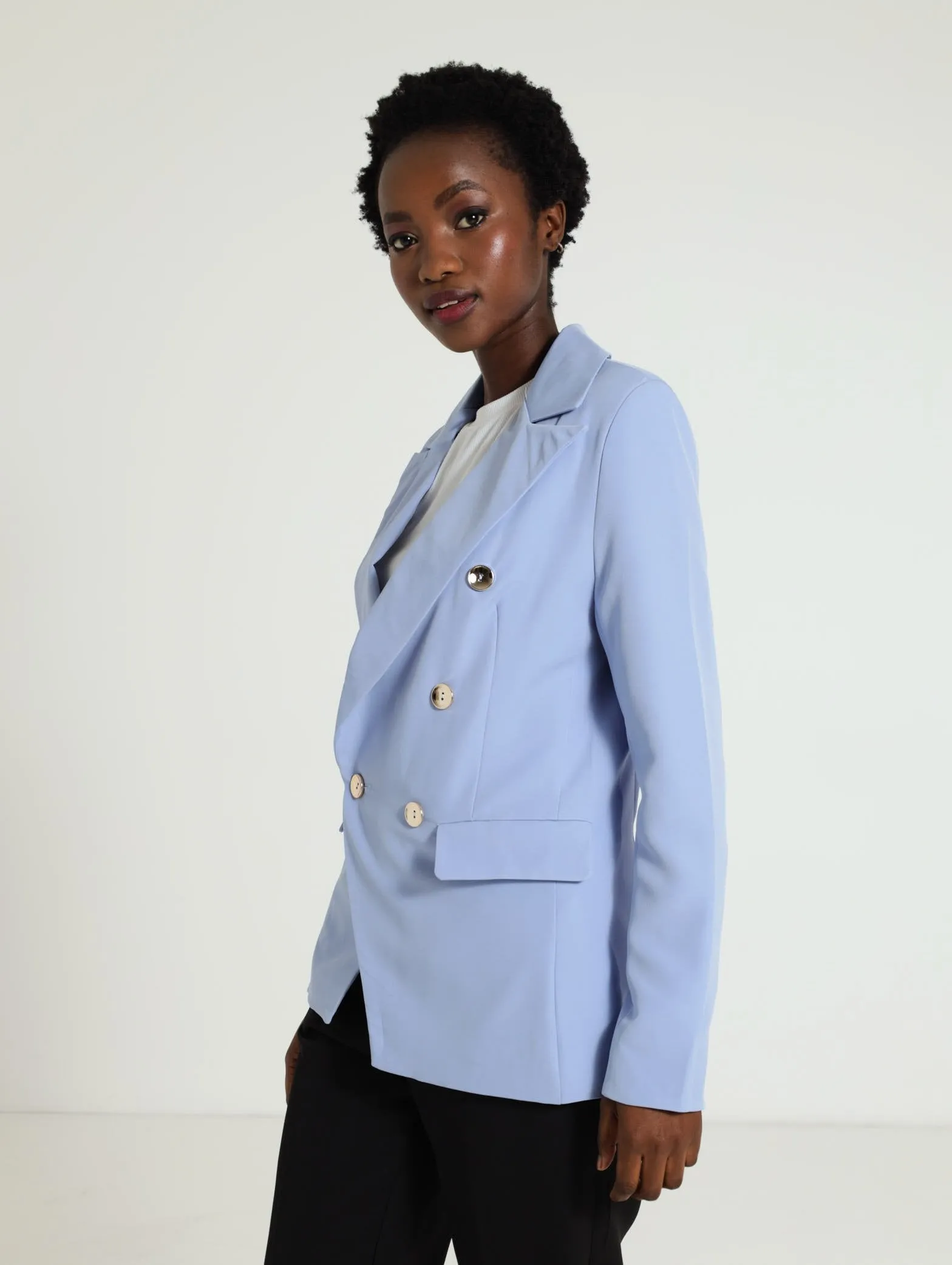 Button Sleeve Blazer - Light Blue