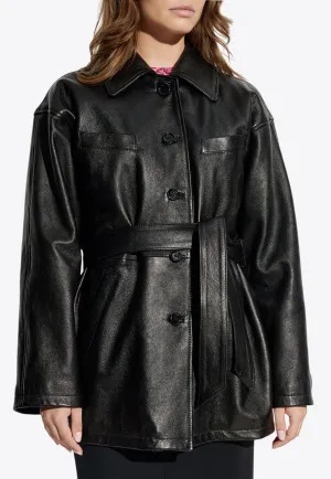 Button-Up Belted Leather Jacket