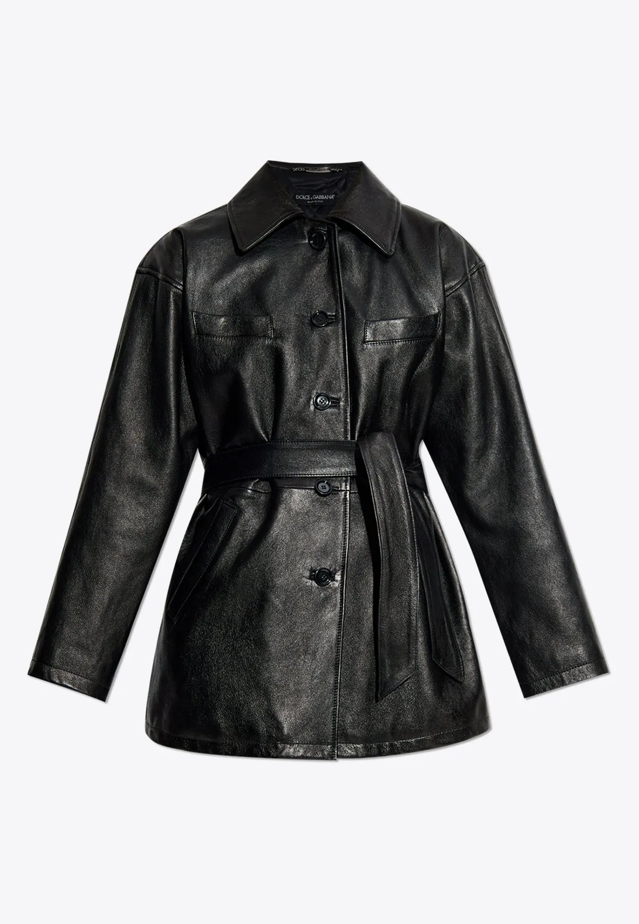 Button-Up Belted Leather Jacket