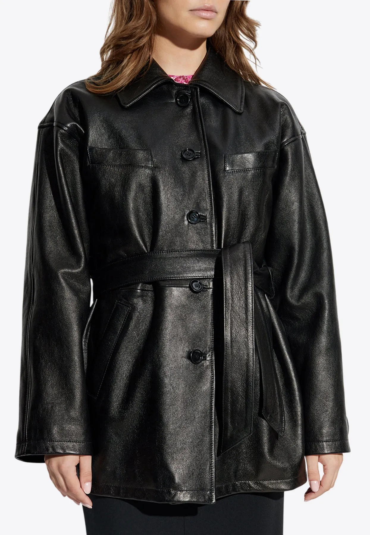 Button-Up Belted Leather Jacket