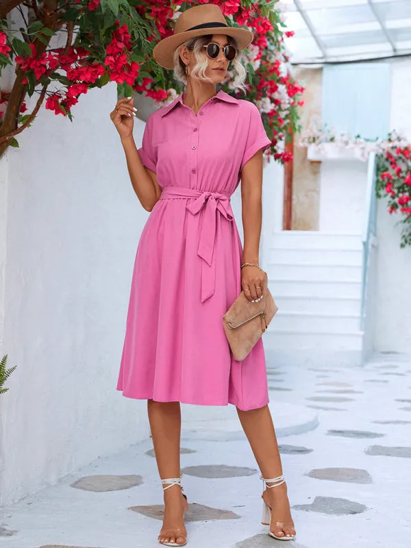 Button-Up Shirt Dress with Waist Tie and Collared Neckline