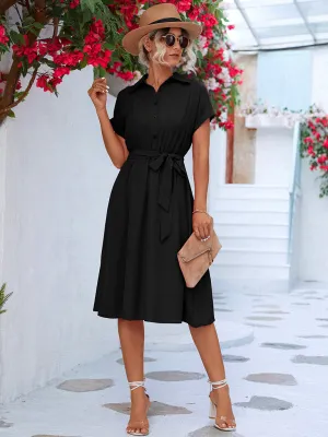 Button-Up Shirt Dress with Waist Tie and Collared Neckline