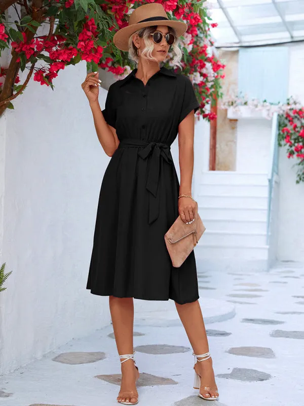 Button-Up Shirt Dress with Waist Tie and Collared Neckline