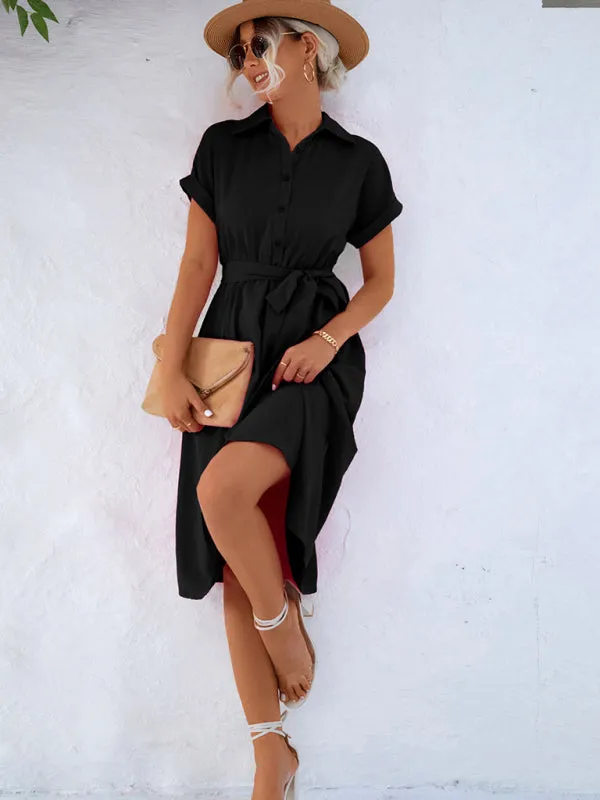 Button-Up Shirt Dress with Waist Tie and Collared Neckline