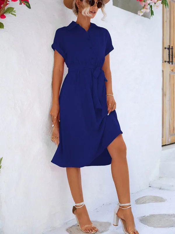 Button-Up Shirt Dress with Waist Tie and Collared Neckline